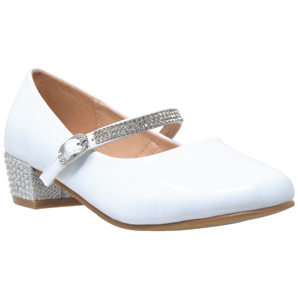 White Rhinestone Ankle Strap Mary Jane Low Heel
